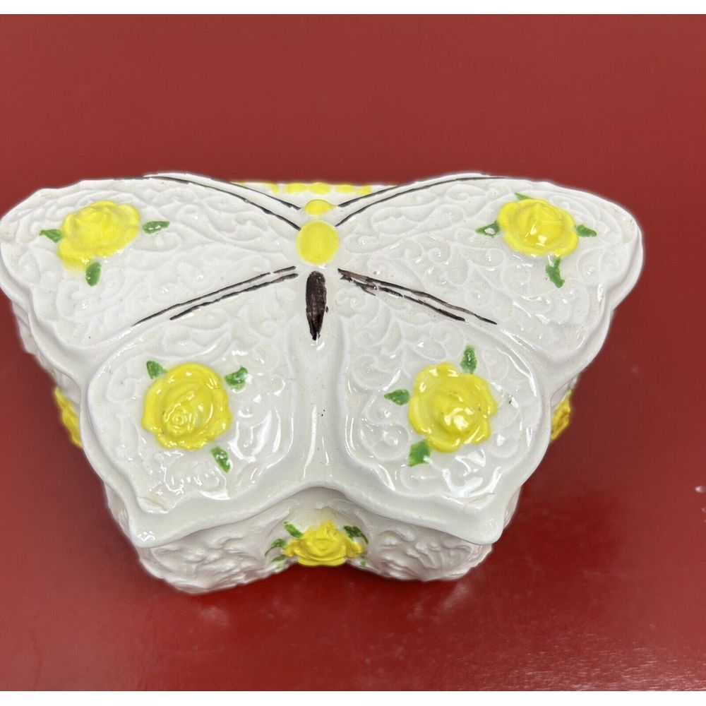 Vintage Ceramic White Butterfly Shaped‎ Jewelry Box Trinket Box with Lid Yellow